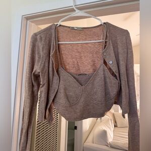 Zara Beige Knit Cardigan and Top Set